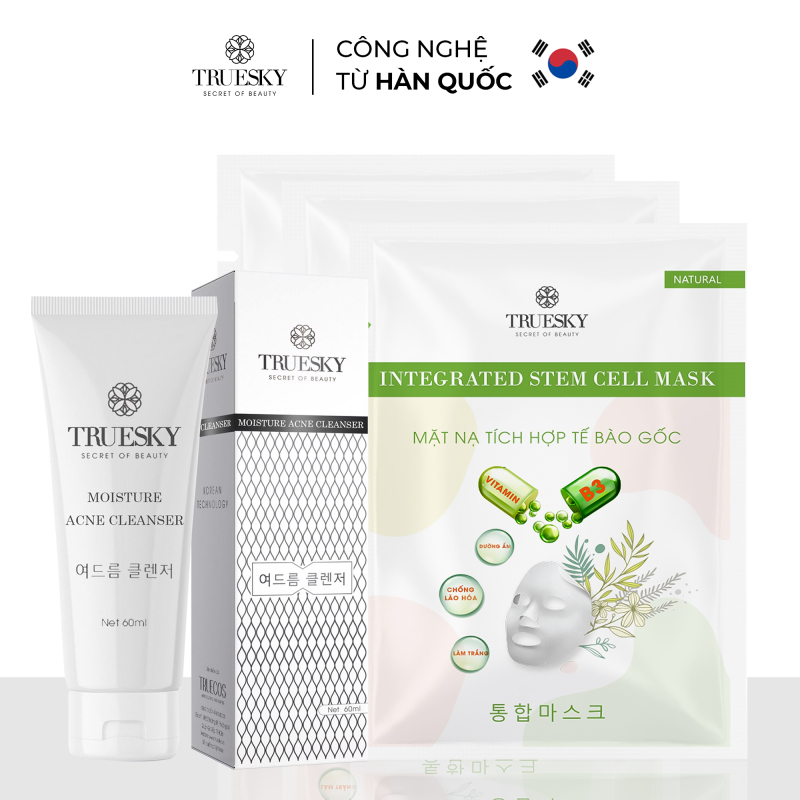 Bộ sản phẩm ngừa mụn trắng da mặt Truesky M04 gồm 1 sữa rửa mặt than hoạt tính 60ml + 3 miếng mặt nạ dưỡng da Truesky