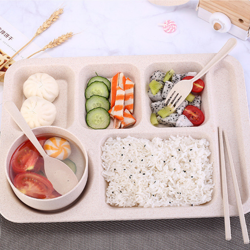[FREESHIPMAX]Khay cơm lúa mạch 5 ngăn cao cấp có kèm chén đựng canh[BAMBOO HOUSE]