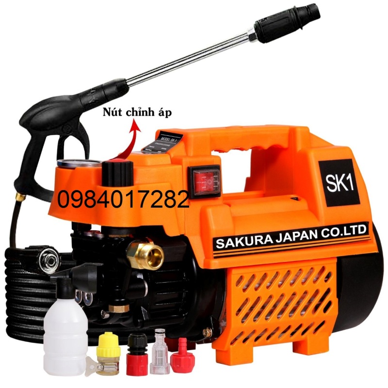 Máy Rửa Xe Chỉnh Áp SAKURA. Japan SK1. Công Suất 2400W. Có chỉnh áp trên thân máy. Máy xịt rửa xe máy. Ôtô. Máy lạnh. Tặng kèm bình tạo bọt.sung dài