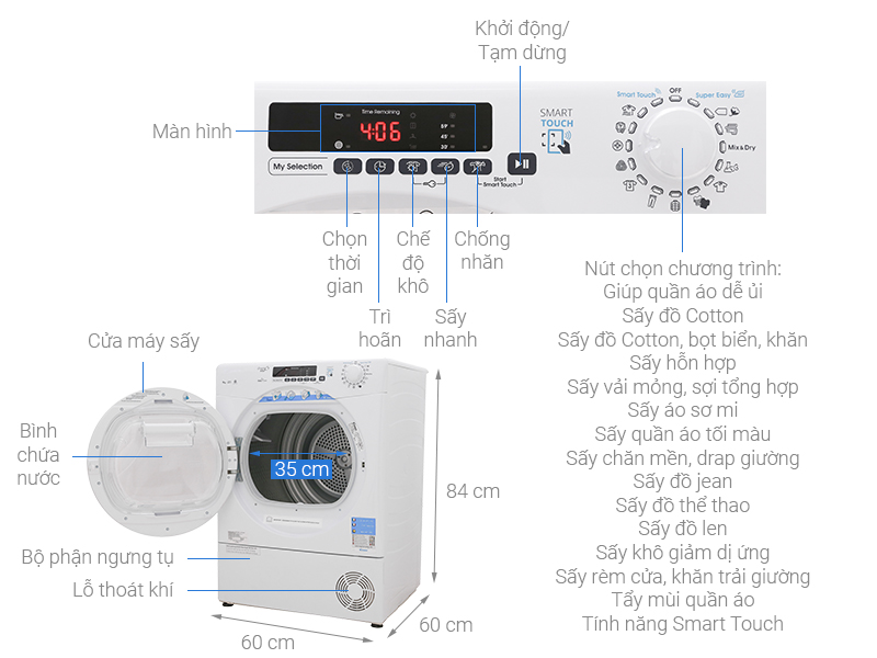 [TRẢ GÓP 0%] Máy sấy ngưng tụ Candy 9 kg GVS C9DE-S (Giá áp dụng giao tại HN, HCM& các tỉnh liên hệ shop)