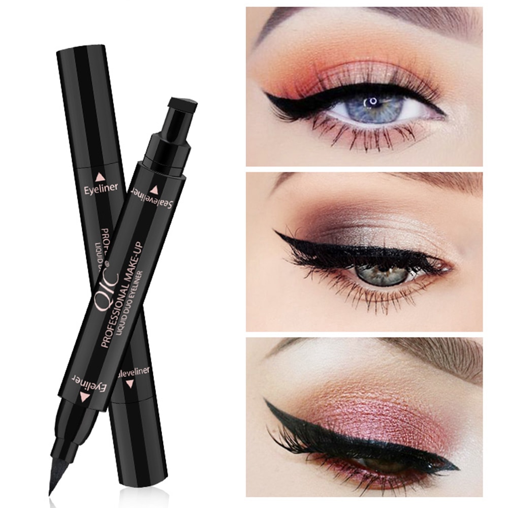 2 in 1 Double-Headed Seal Black Eyeliner Triangle Seal Eyeliner Stamp Waterproof Black Liquid Eyeliner Long-lasting Glitter Eye Makeup