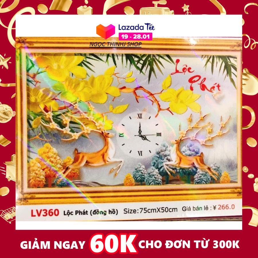 Tranh đính đá cao cấp Đồng Hồ Lộc Phát LV360 - KT:(75x50)cm