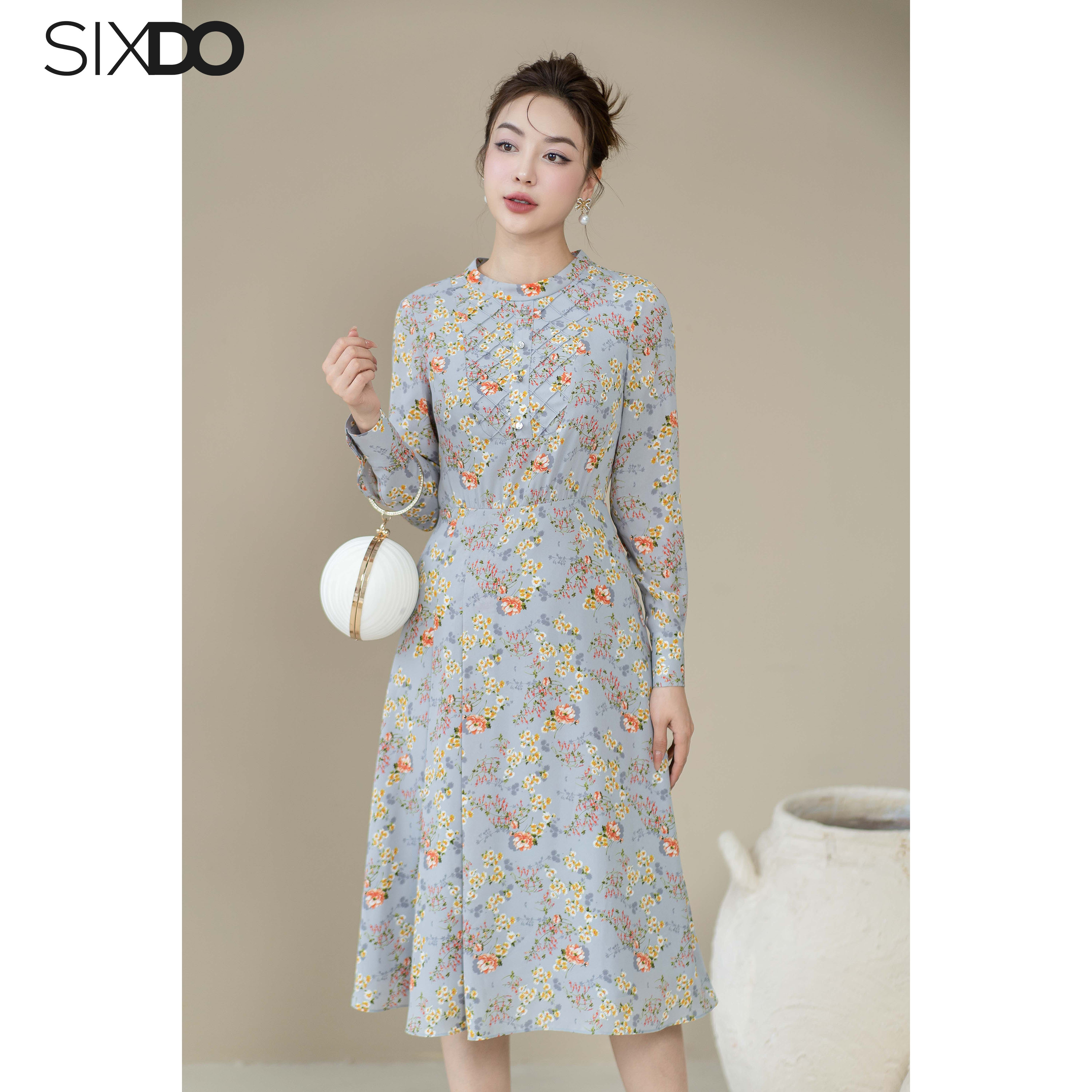 Đầm chiffon hoa nhí dài tay SIXDO (Floral Chiffon Midi Dress)