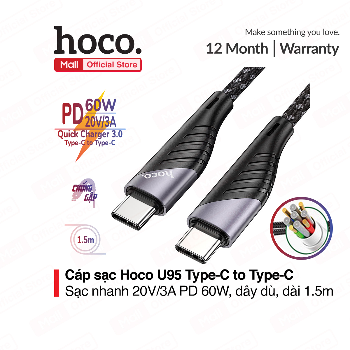 Cáp sạc nhanh Hoco U95 Type-C to Type-C PD 60W sạc nhanh 20V/3A dây bọc dù chống đứt đầu sạc hợp kim hạn chế gãy dài 1.5m