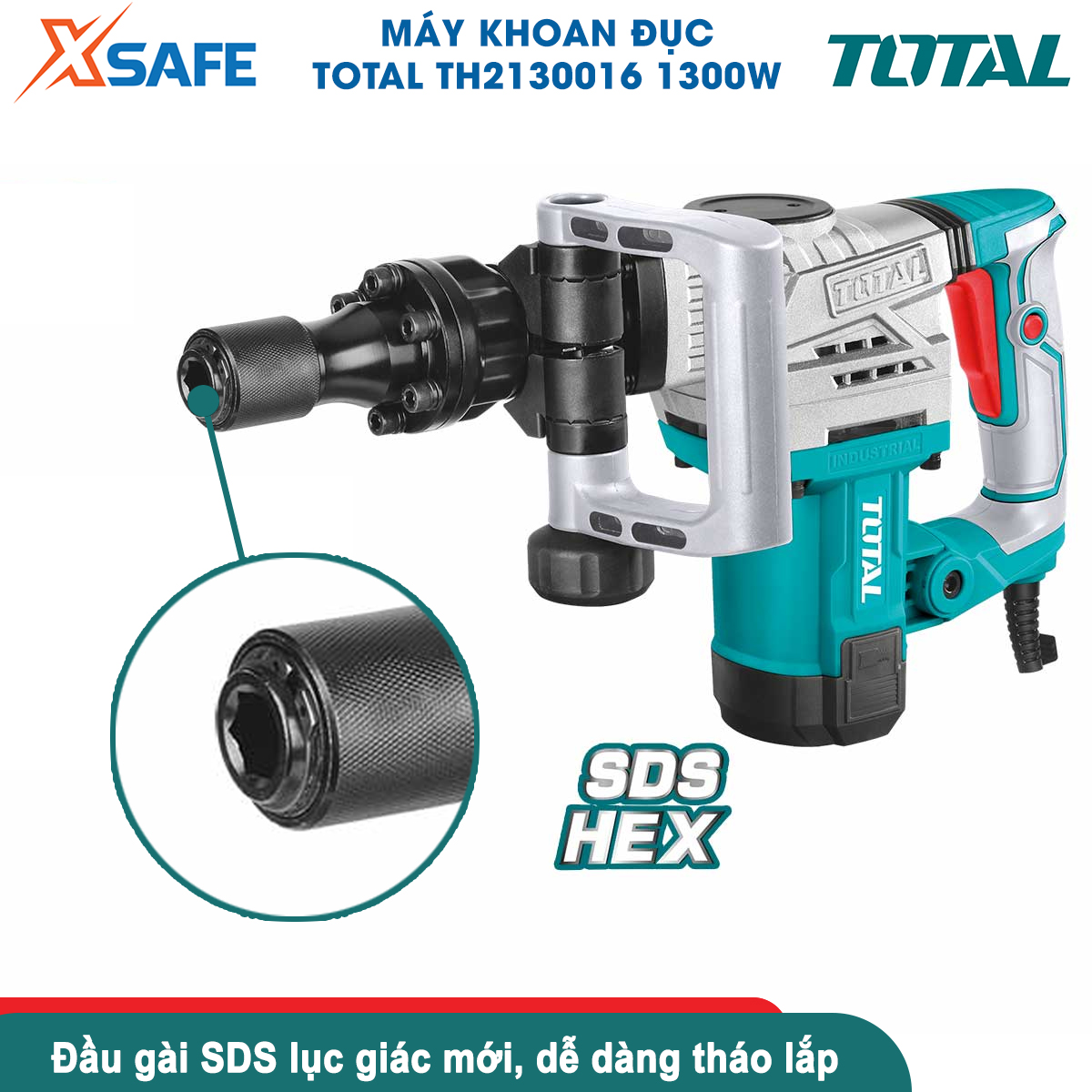 Máy đục bê tông TOTAL TH2130016 | máy khoan đục công suất 1300W, tốc độ đập 3800 bpm, lực đập 20J bắn vít, đục tường, khoan bê tông