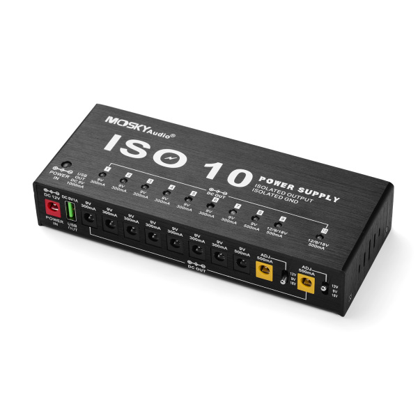 MOSKY ISO-10 Portable Guitar Effect Power Supply Station 10 Isolated DC Outputs & One 5V USB Output for 9V 12V 18V Guitar Effects