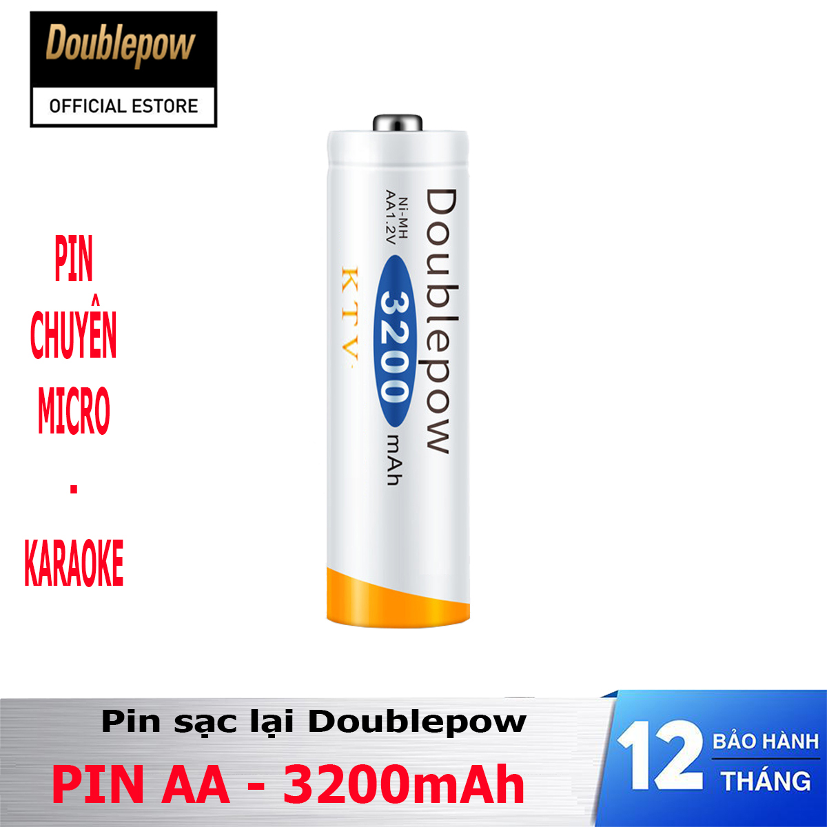 Pin sạc lại Doublepow AA 3200mAh - pin chuyên dụng Mic Karaoke dung lượng thực (màu Trắng cam KTV)