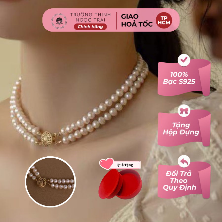 Hoàn tiền 15% - chuỗi đeo cổ ngọc trai 2 sợi khóa hộp dây chuyền ngọc trai nước ngọt thời trang - ngọc trai trường thịnh