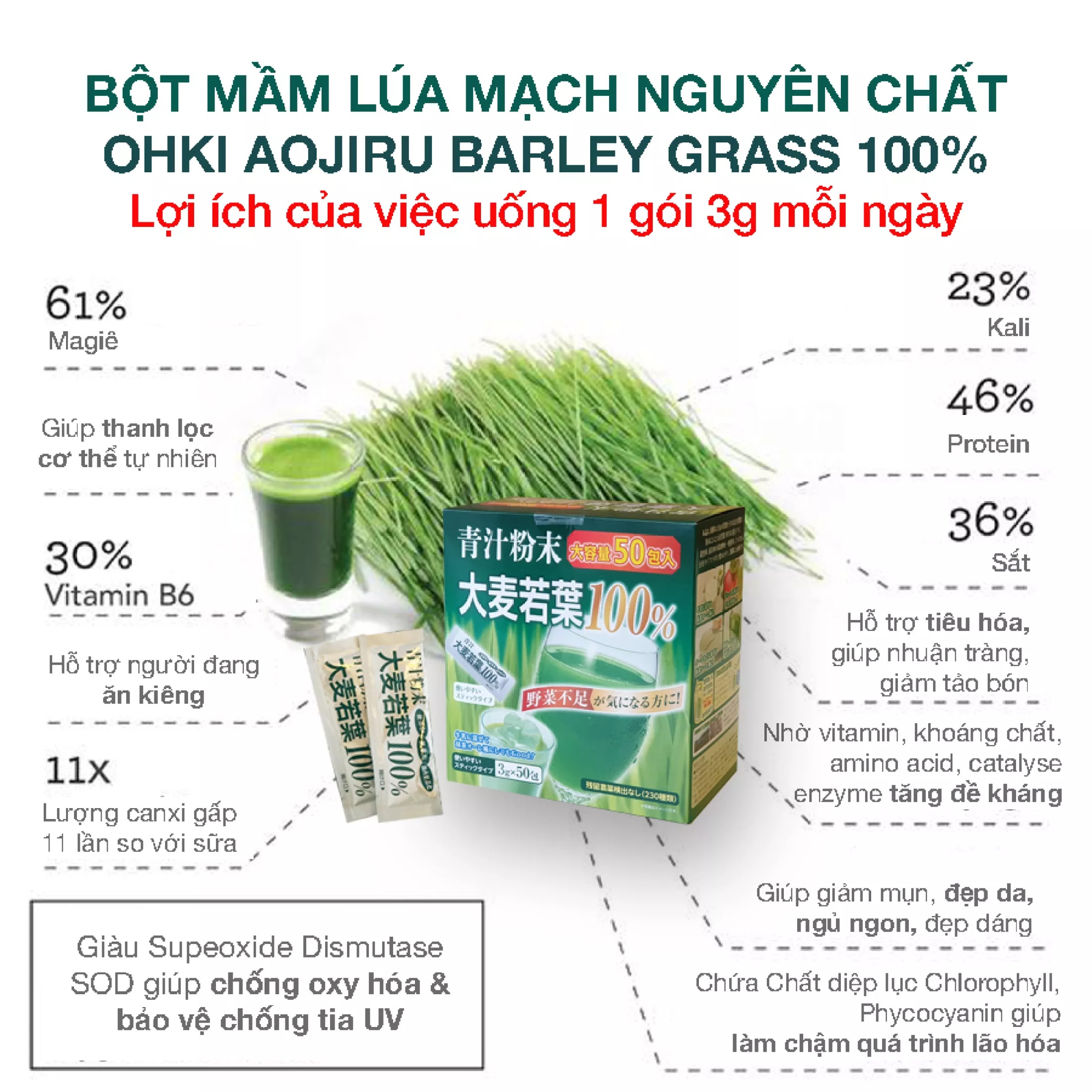 Bột lúa non, bột mầm lúa mạch, cỏ lúa mì non Grass Barley Nhật Bản 44 gói Có enzyme hỗ trợ tiêu hóa, thải độc