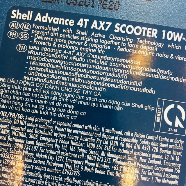 NHỚT SHELL GA ADVANCE AX7 10W-40 0,8L & Láp Shell