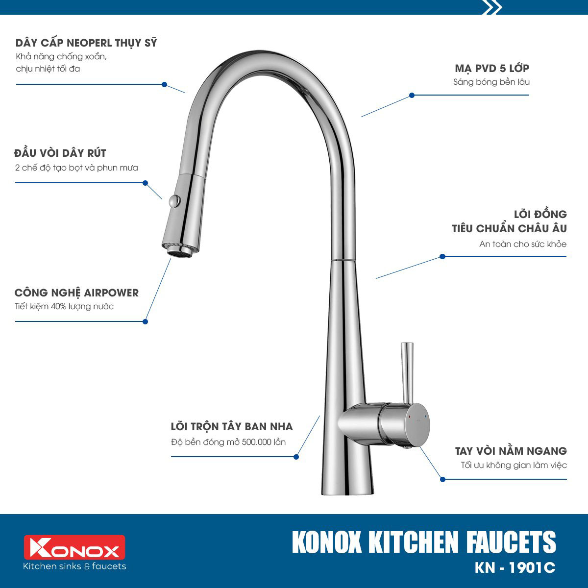 Vòi rửa bát dây rút Konox KN1901C