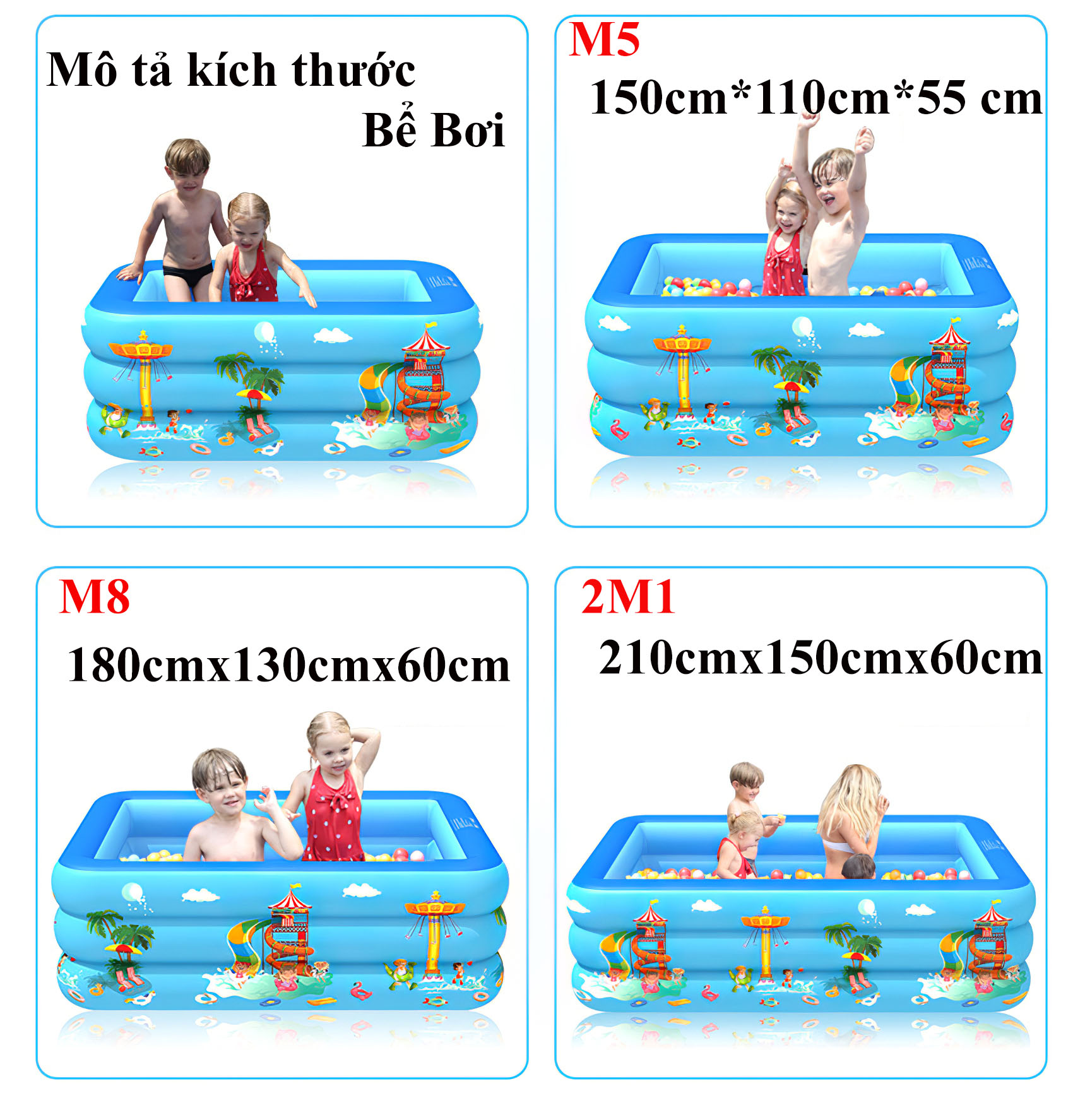Hồ bơi mini, Bể bơi cho bé, Bể phao bơi chữ nhật kèm bơm điện bế có các kích thước 2M1, 1M8, 1M5 Thiết kế 3 tầng chịu lực tốt.