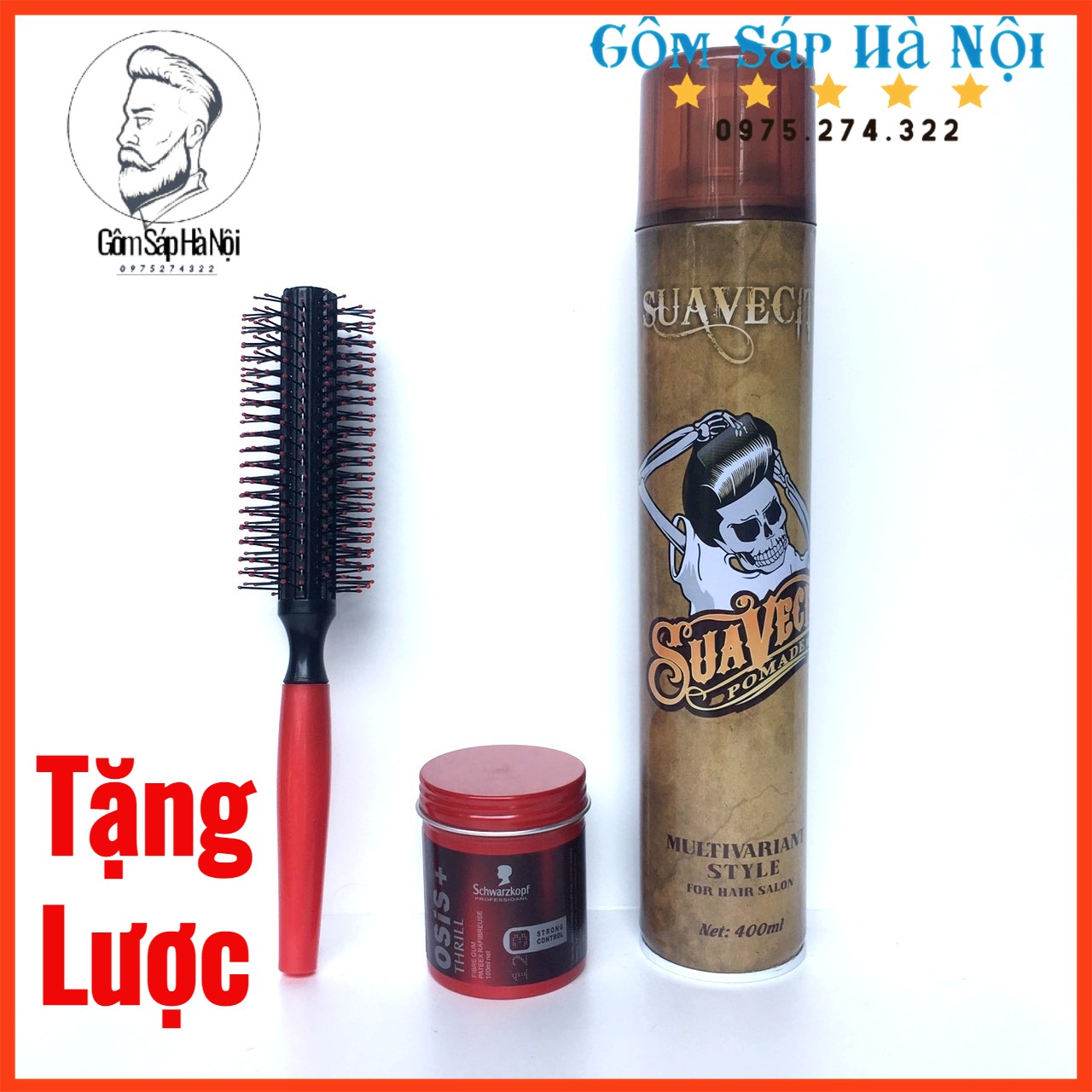 Combo gôm xịt tóc giữ nếp tóc cứng suavecito 400ml + sáp vuốt tóc nam osis thrill + lược tròn