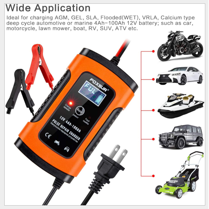 Sạc bình ắc quy 12v FOXSUR từ 4Ah-100Ah có chức năng phục hồi acquy bằng khử sunfat thông minh tự ngắt khi đầy chống ngược cực Sạc acquy xe máy acquy ô tô máy nạp bình ắc quy sạc bình ắc quy 12v (FOXSUR LOẠI 1)