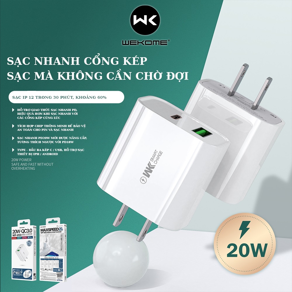 Củ sạc nhanh 20W Wekome WP-U53 2 cổng sạc usb, type-c