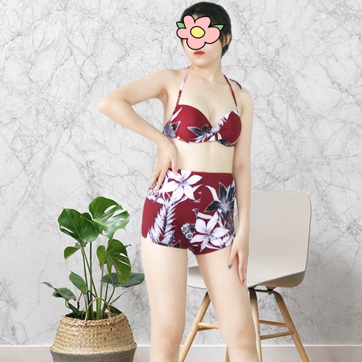Đồ bơi bikini 2 mảnh cạp cao hoạ tiết đỏ