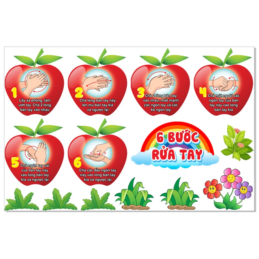 Tranh Decal Dán Tường - 6 BƯỚC RỬA TAY ĐÚNG CÁCH (táo new)
