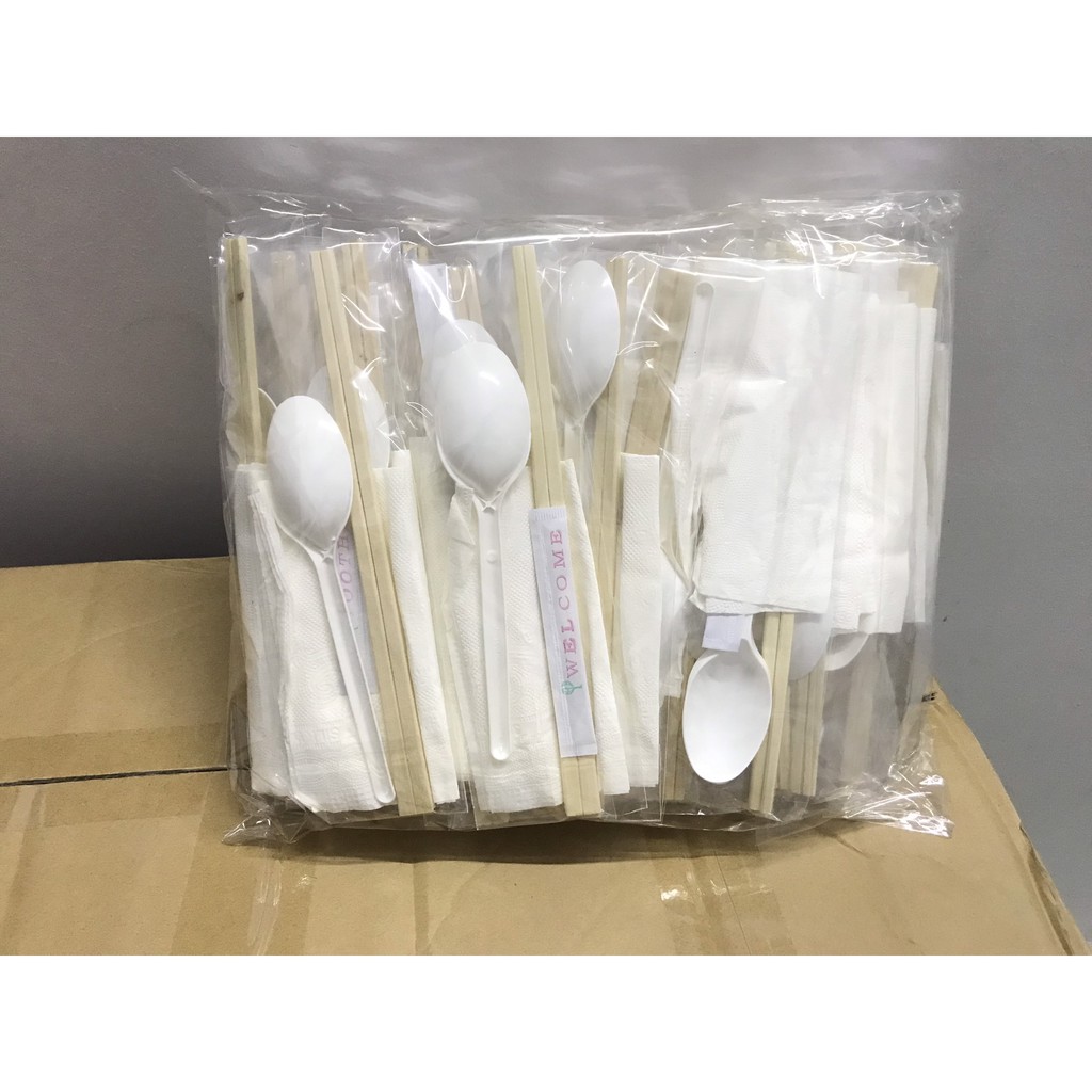 Sét 100 Bộ Combo Đũa - Thìa - Tăm - Giấy ăn