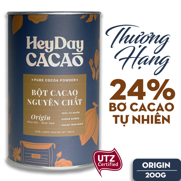 Bột Cacao Nguyên Chất Không Đường Origin - 200g Lon Giấy Thượng Hạng 24% Bơ Cacao Tự Nhiên - Đạt Chuẩn UTZ - Hỗ Trợ Giảm Cân, Keto - Vị Socola Đậm - Không Hương Liệu, Phụ Gia