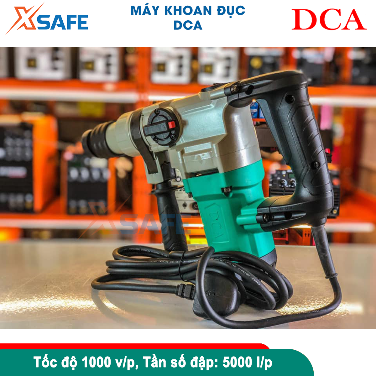 Máy khoan đục bê tông cầm tay DCA AZC04-30 công suất 960W, đường kính mũi khoan tối đa: 30mm, mũi đục: 14mm, tốc độ không tải: 1000 lần /phút