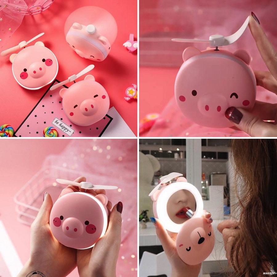 Quạt Cầm Tay Mini Fan - Quạt Tích Điện Cầm Tay Mini 3 In 1 Cực Mát, Kiêm Gương Soi Và Đèn Siêu Dễ Thương [ Siêu Sale ]