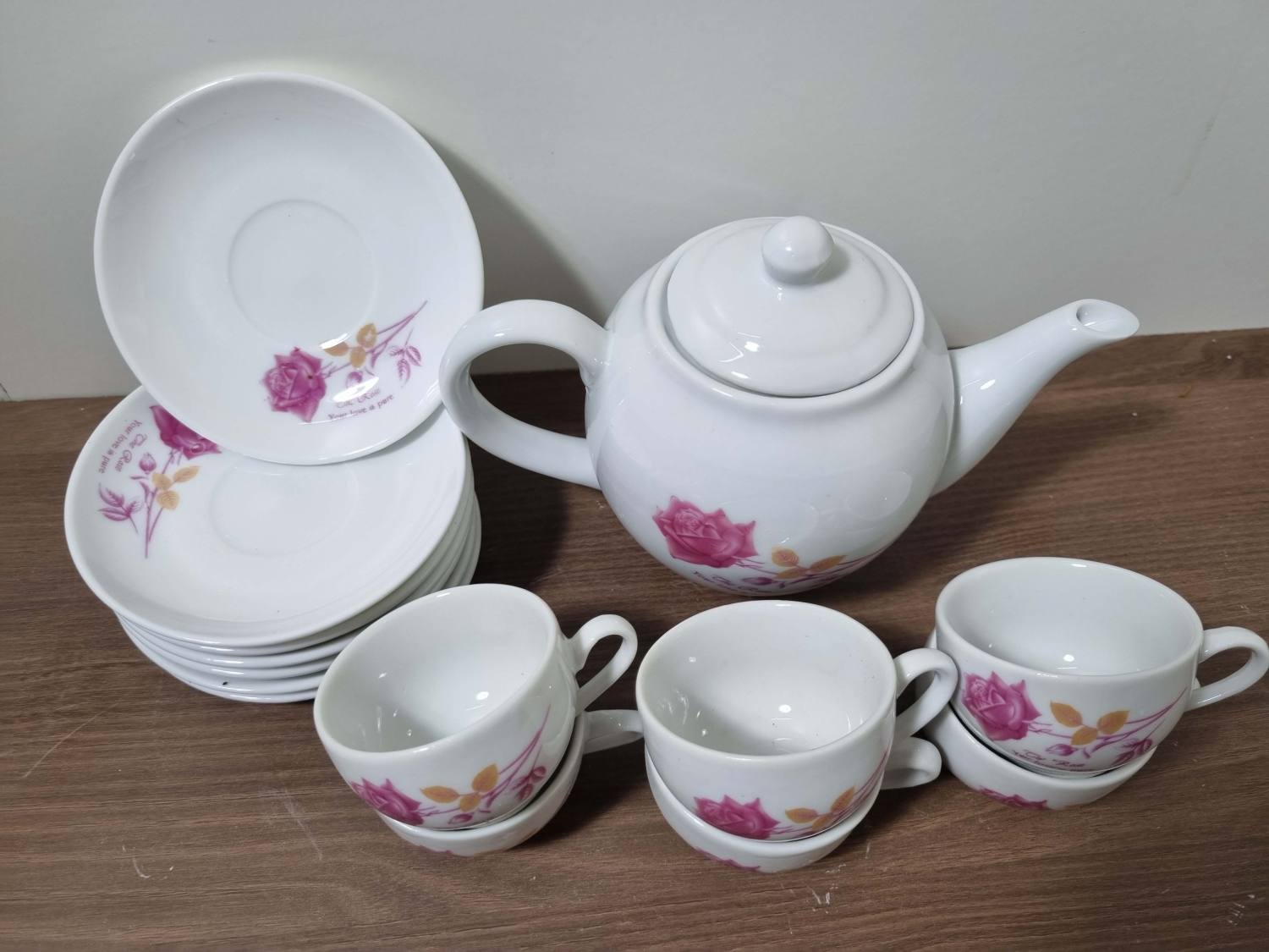 Bộ trà/bộ ấm chén hoa hồng, hàng bình dân, đủ đĩa kê