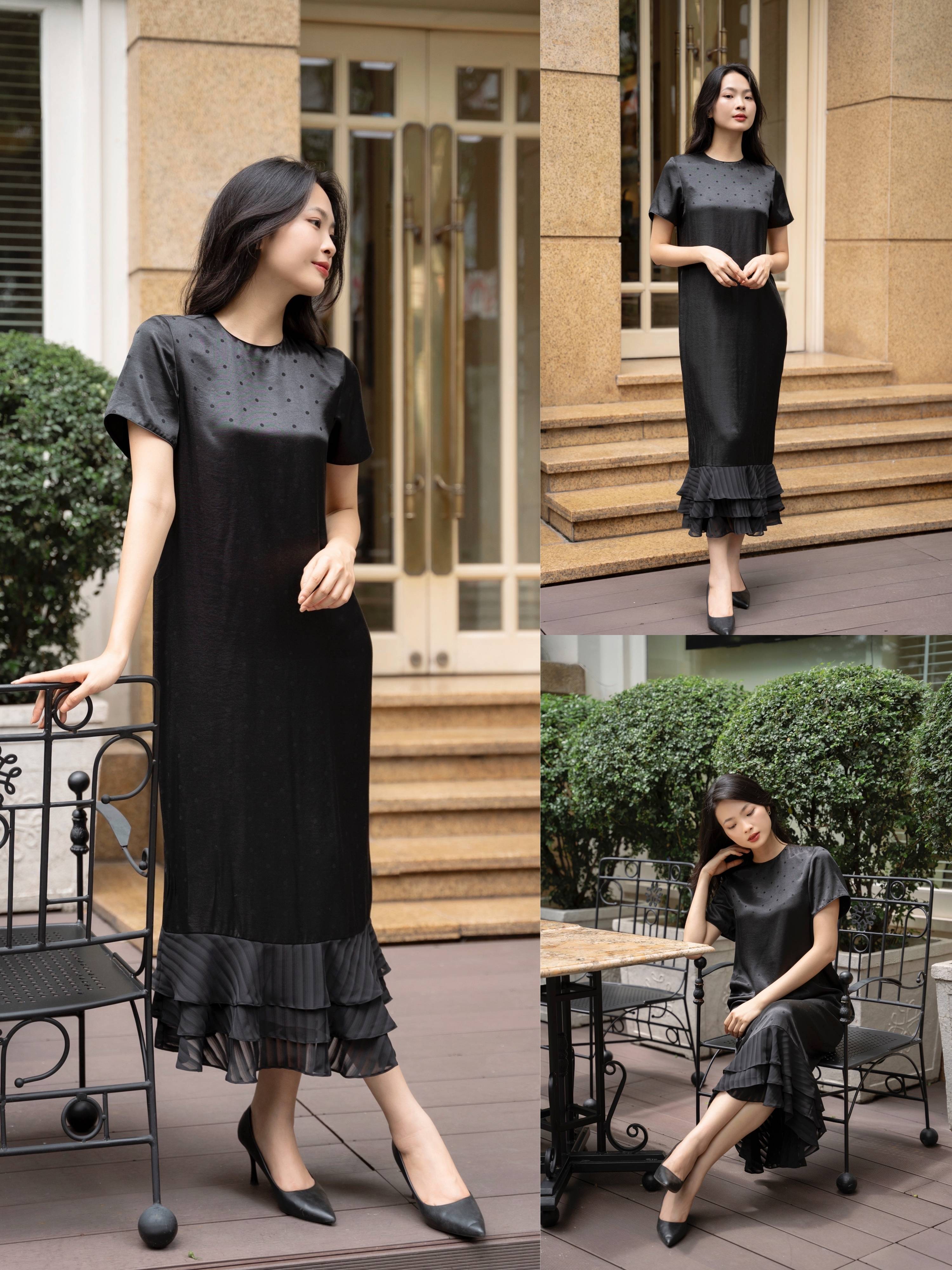 Đầm lụa tùng bèo Mauve Ruffled Mermaid dress