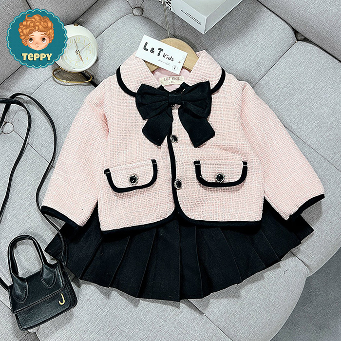 Set váy dạ tiểu thư nơ cổ cho bé gái (2 chi tiết)