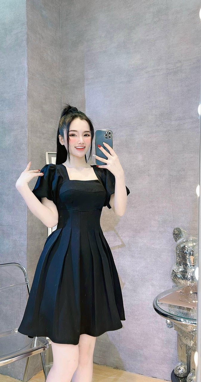 Đầm tiểu thư tay phồng chất cotton lạnh có mút, váy nữ dáng xoè cổ vuông, đầm xoè xếp ly, đầm thiết kế ôm eo tôn dáng, sang trọng