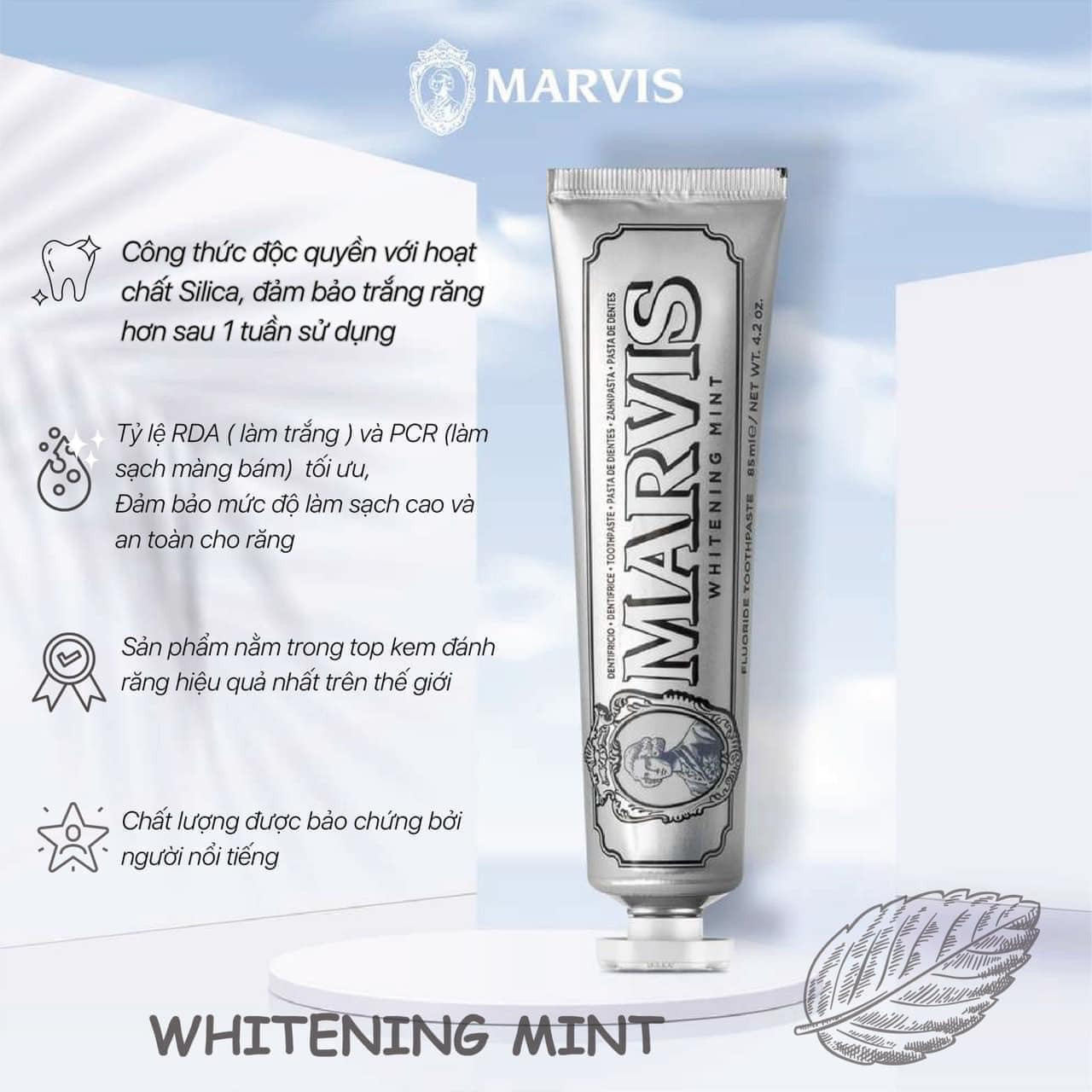 Kem đánh răng marvis màu bạc làm trắng răng whitening mint toothpaste 85ml