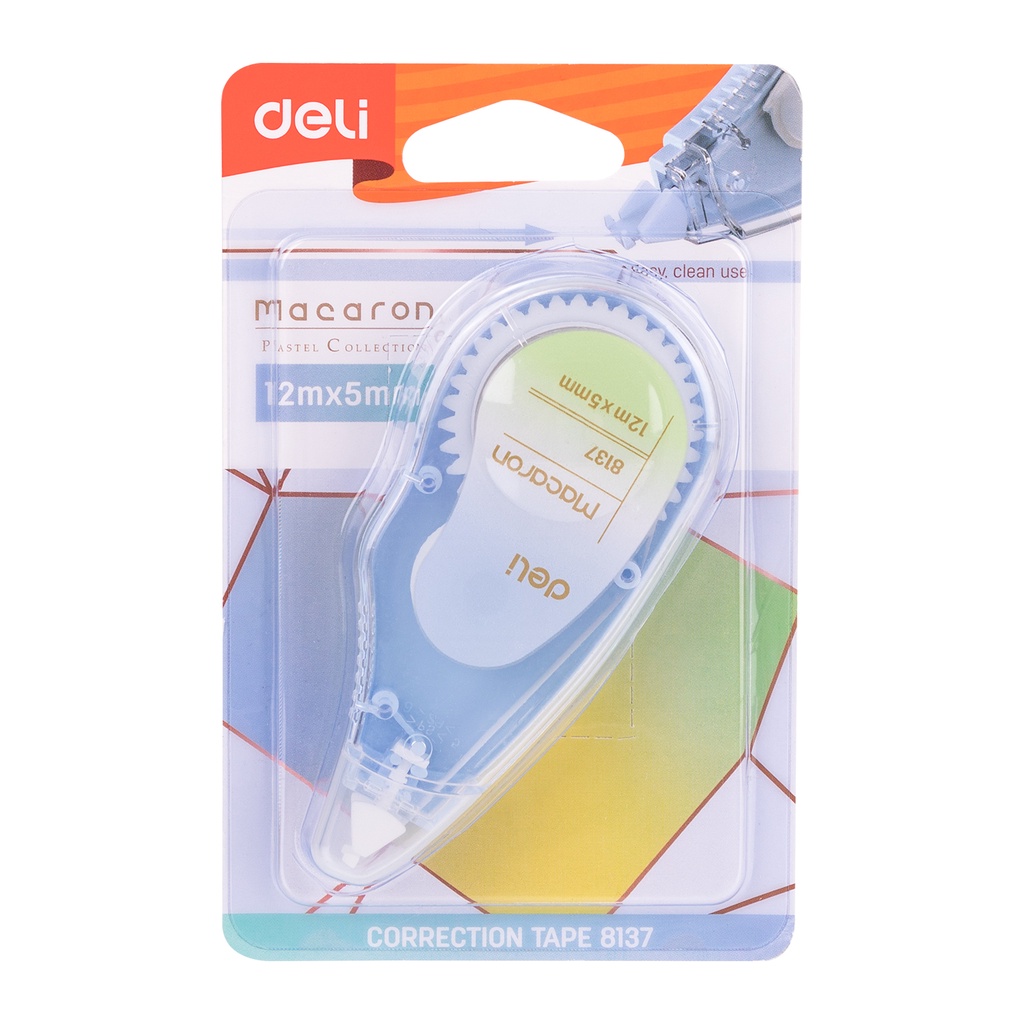 Bút xóa băng giấy 12m Deli, Bút xóa kéo hình trái cây màu pastel Hồng/Xanh lá/Xanh dương - E8137