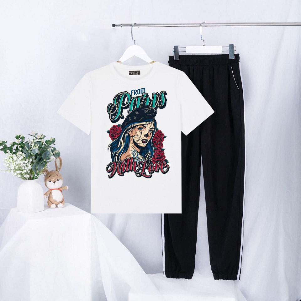 Sét Bộ Đồ Mùa Hè Ulzzang Nữ Xinh Cute Mặc Đi Chơi Dạo Phố, Chất Liệu Áo Cotton Organic Màu Trắng Ngắn Tay Cổ Tròn In 3D Cô Gái With Love Cute Kèm Quần Thun Bo Chun Gấu Hai Rót Phong Cách