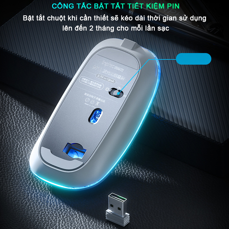 Chuột không dây wireless sạc pin Sidotech Inphic M5 bản nâng cấp chuột bluetooth của M1P thiết kế silent tắt tiếng click  / có LED / con lăn kim loại / sạc 1 lần dùng 8 tuần / phong cách chuột Macbook Apple cho máy tính laptop -Chính hãng