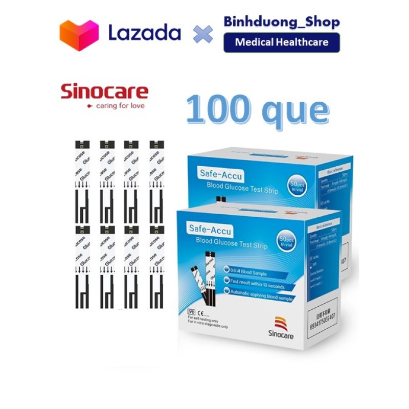 100 que thử tiểu đường Safe Accu Sinocare Date 2023 dùng cho máy đo đường huyết nhập khẩu
