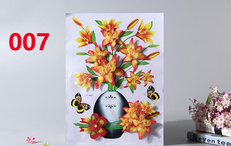 Decal Bình Hoa 3D Hoa nổi Decal Dán Trang Trí Tường,Tủ Lạnh,Kính Loại 1