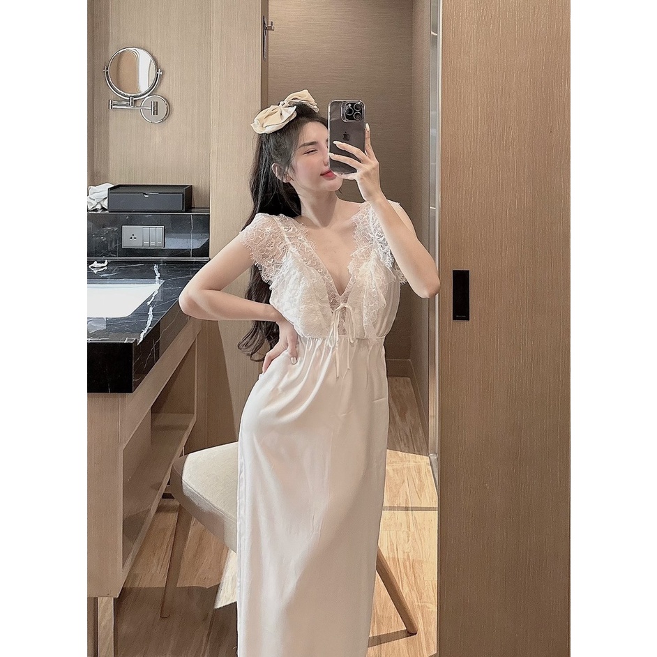 Váy Ngủ Cánh Tiên Ren Sexy, Váy Ngủ Lụa Cao Cấp Dáng Dài Freesize