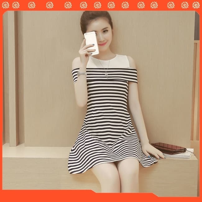 Đầm Váy   Kẻ Sọc Hở Vai  Dễ Thương