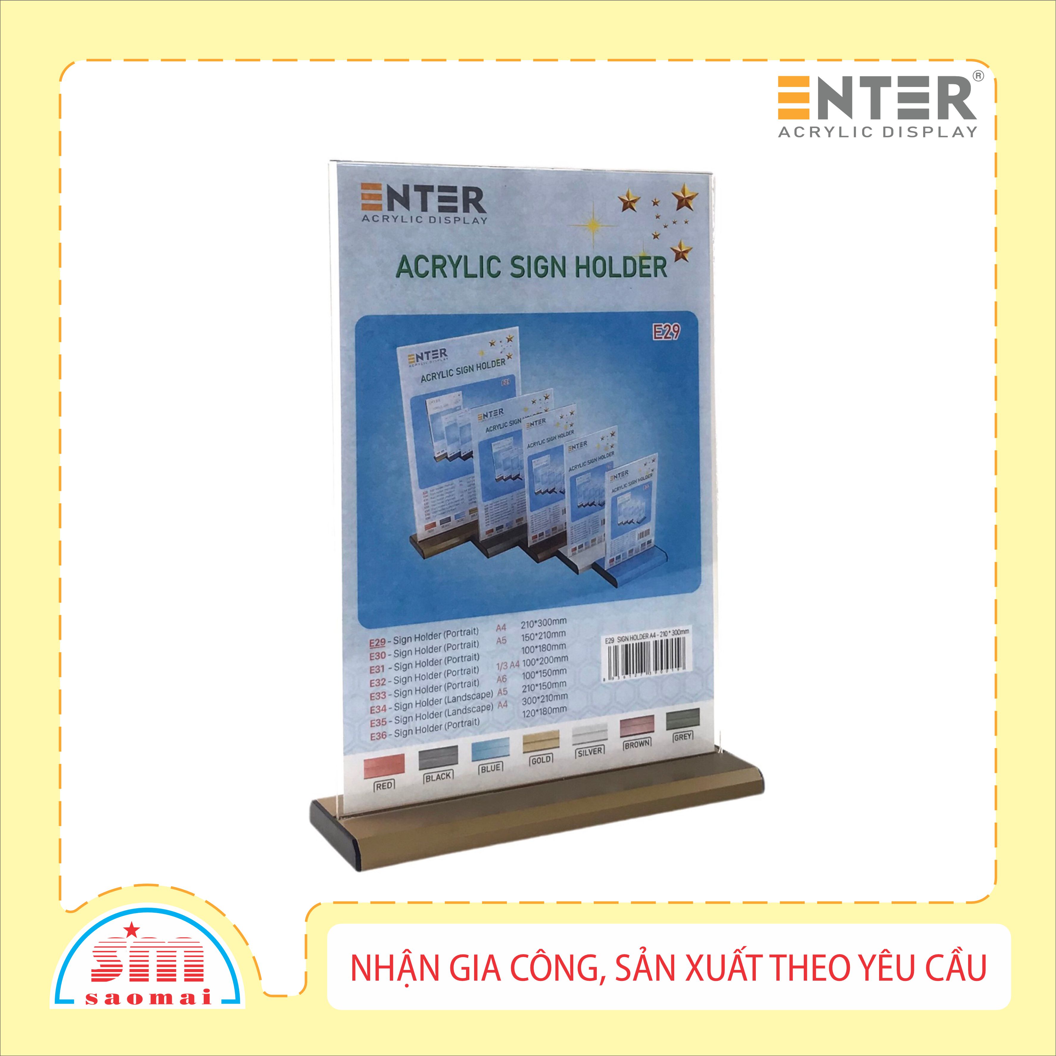Kệ 2 mặt mica enter e29 lr 210x300mm đế nhôm a4 đứng
