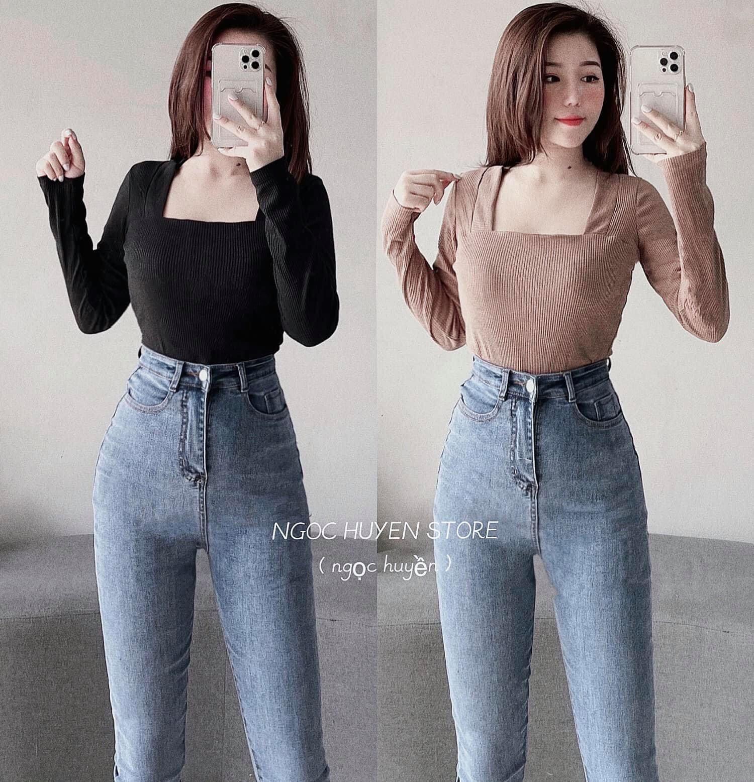Set jeans dài lưng cao trơn + áo gân cổ vuông