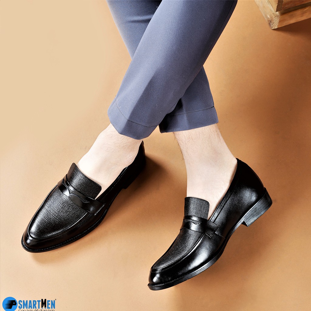 Giày lười công sở tăng chiều cao da bò SmartMen GL-04 đen