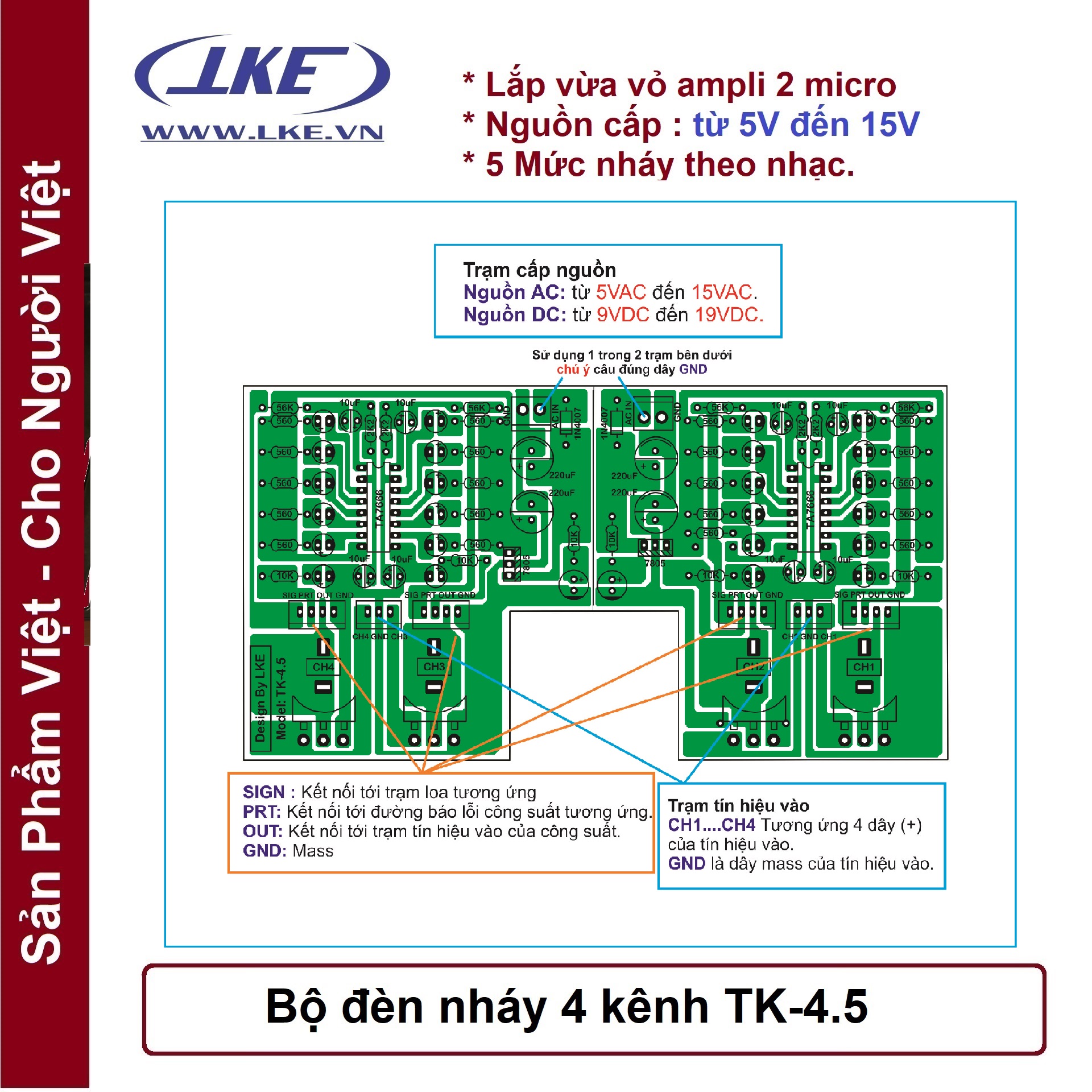 Bộ đèn nháy 4 kênh lắp cho ampli cao 12.5cm