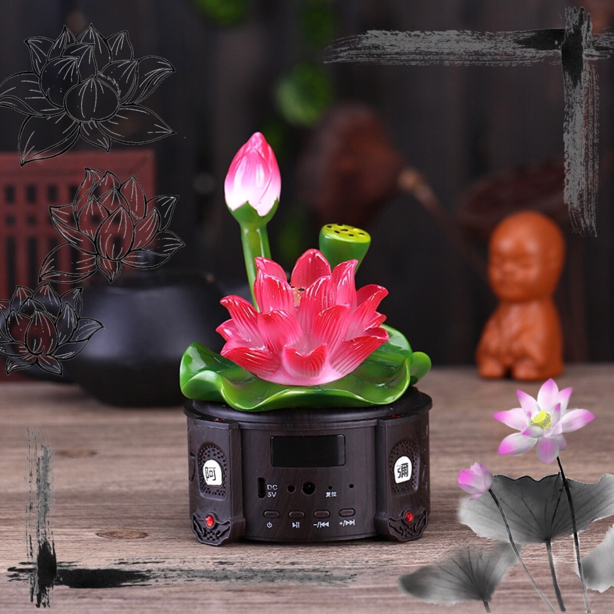 Máy nghe kinh hình hoa sen phong thủy có đèn