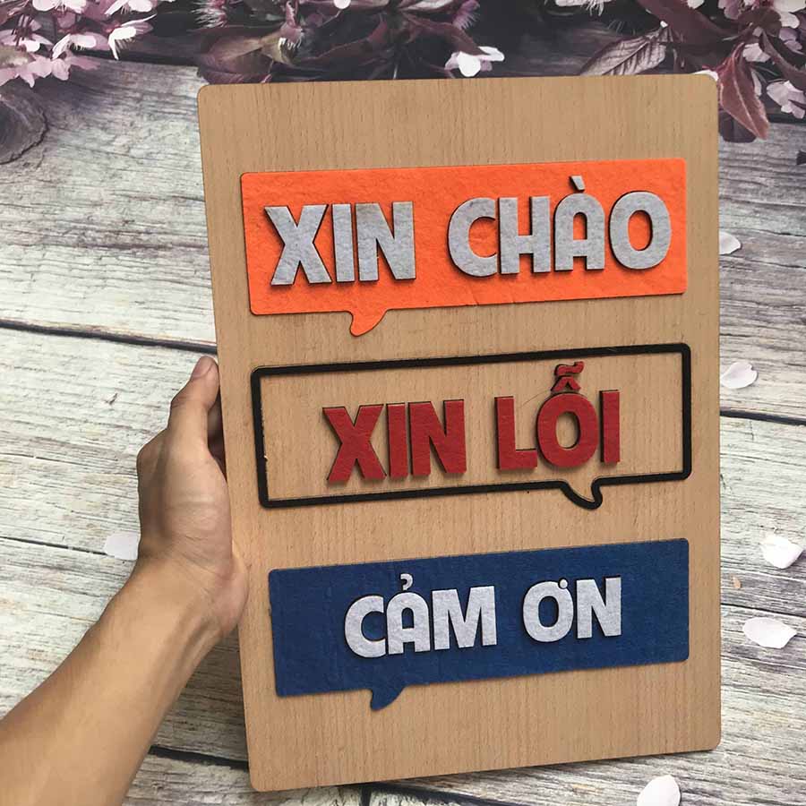 [HCM]Tranh gỗ treo tường Xin chào Xin lỗi Cảm ơn CRN 01 kích thước 27x20cm