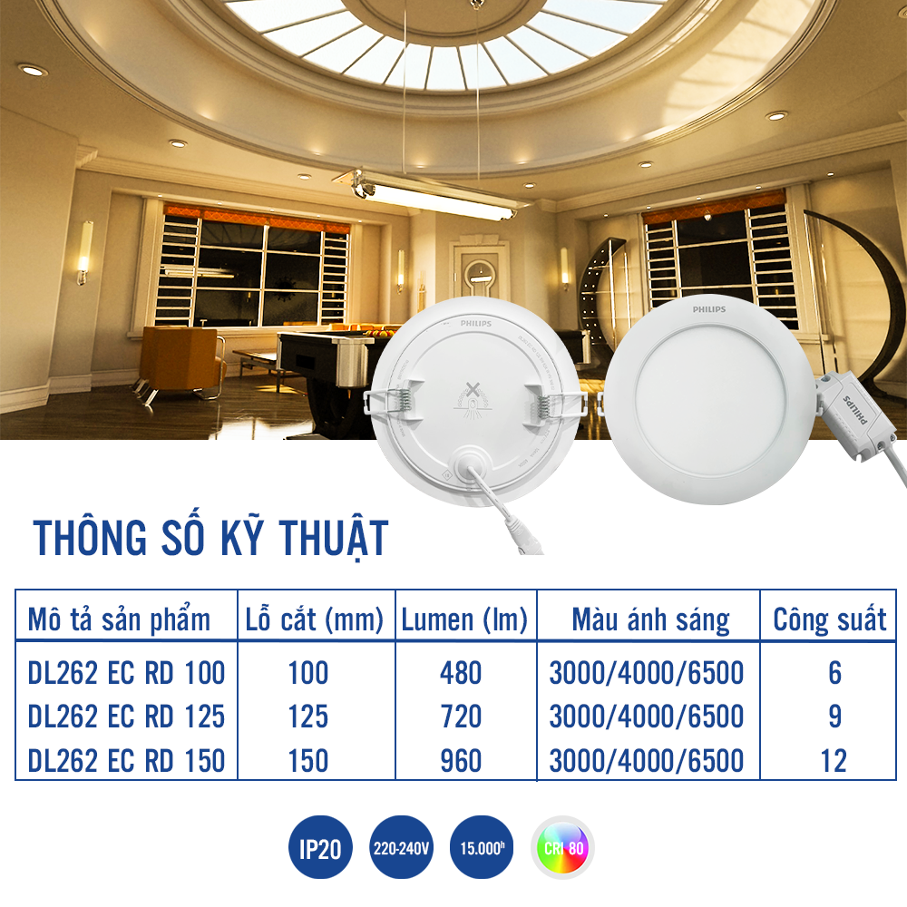 Bộ đèn âm trần Philips LED DL262 công suất (6W, 9W, 12W)