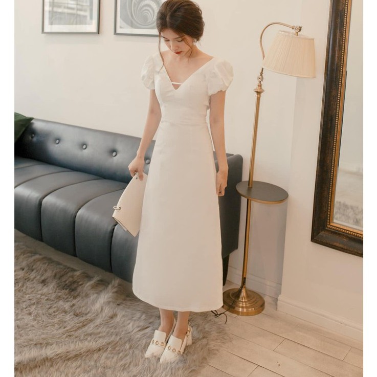 Đầm Maxi Tay Con Phồng Hở Lưng thắt Dây Sang Trọng