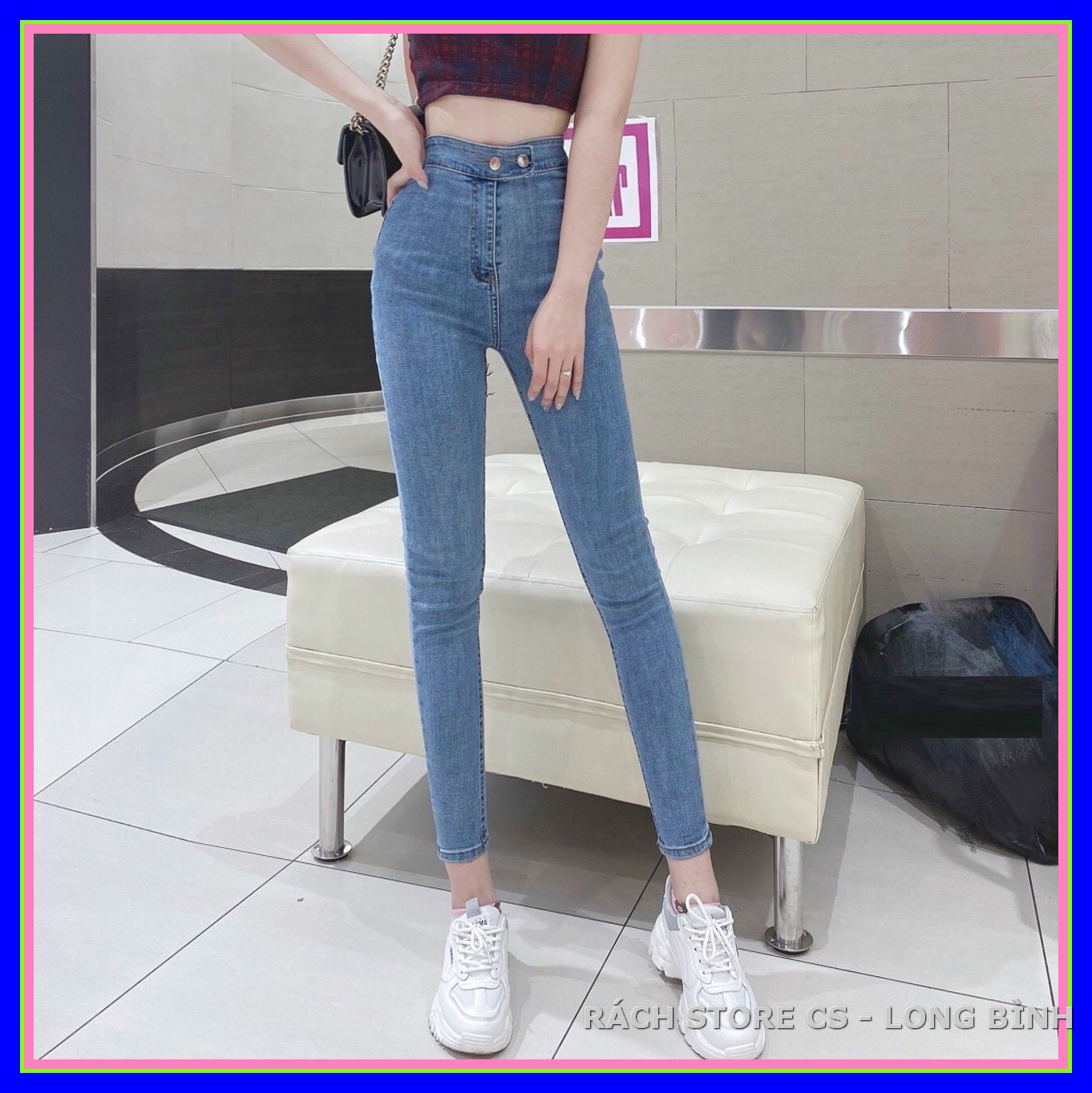 Quần Jean Nữ Lưng Cao HAI CÚC ĐAI TRƠN MÀU XANH NHẠT mẫu quần bò nữ siêu đẹp -31R.S