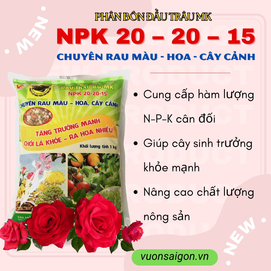 Phân bón NPK Đầu Trâu 20-20-15 (gói 1kg) chuyên dùng cho cây hoa kiểng, cây ăn trái, rau màu, năng suất vượt trội (Vườn Sài Gòn - Vuon Sai Gon) .