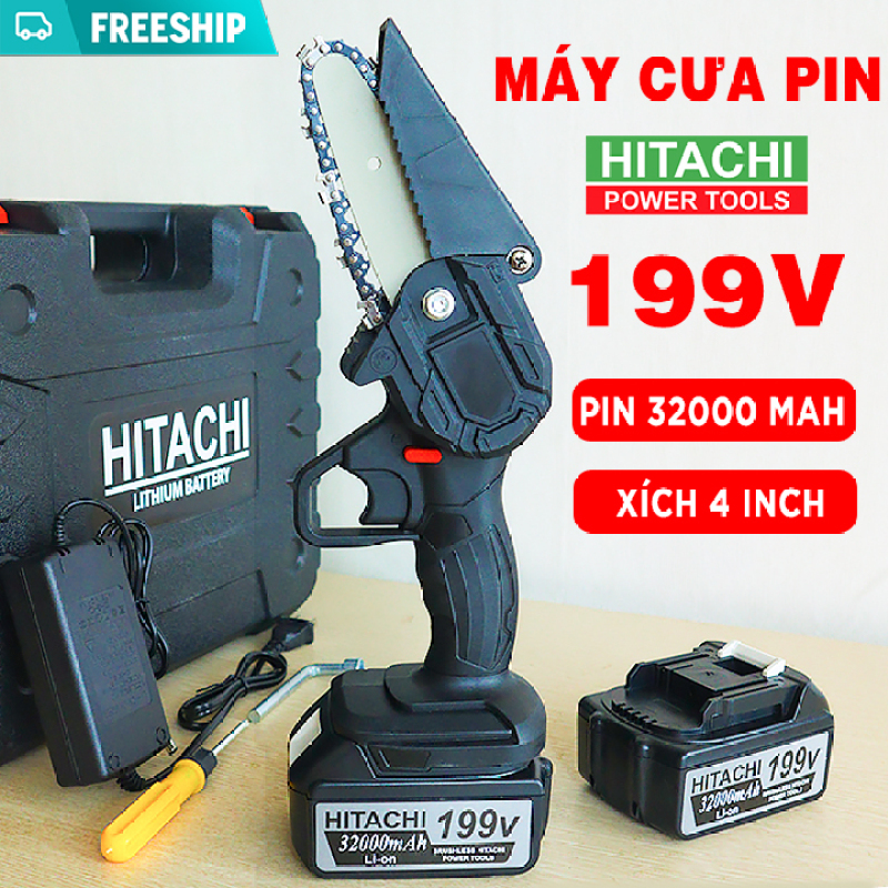 [ 2 PIN + LƯỠI CƯA ] Máy cưa xích dùng pin Hitachi 199V Dung Lượng Khủng 32000 mAH - Bộ Máy Cưa Cầm Tay Không Chôi Than - Pin 10 Cell - Máy Cắt Cầm Tay Dùng Pin