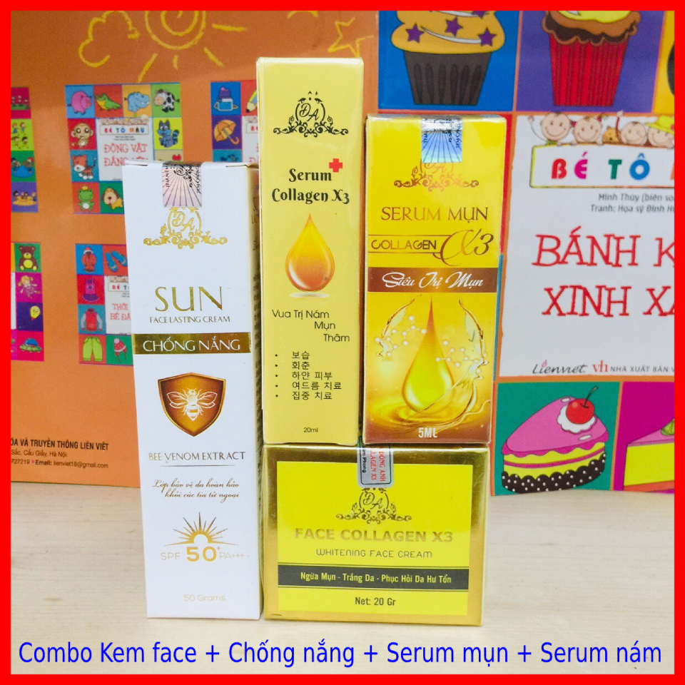 Combo kem face x3 + serum mụn + serum x3 + kem chống nắng collagen x3 đông anh - chính hãng
