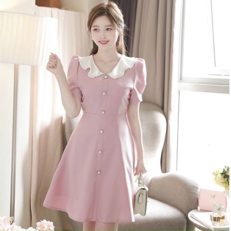 Đầm cổ trắng nút ngọc 2 màu